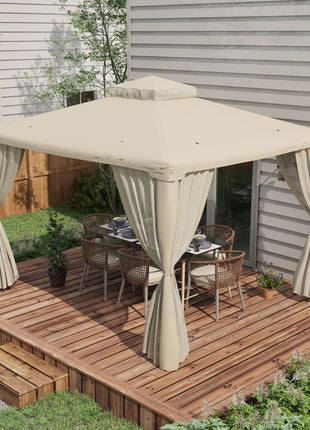 9.6' x 11.6' Patio Gazebo Outdoor Canopy Shelter with 2-Tier Roof and Netting, Steel Frame for Garden, Cream White