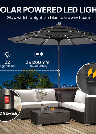 9.7 ft Outdoor Patio Umbrella with Solar LED Lights, 3 Tier Outdoor Table Umbrella with Tilt, Crank, Black