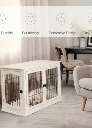 Dog Crate Furniture, 32" Small Dog Cage End Table with 2 Doors, Lockable Door, Puppy Kennel Indoor, White
