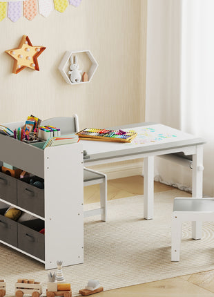 Kids Desk and Chair Set with Paper Roll, Kids Activity Craft Table with Storage Shelves and Drawers, Gray