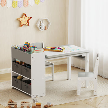 Kids Desk and Chair Set with Paper Roll, Kids Activity Craft Table with Storage Shelves and Drawers, Gray