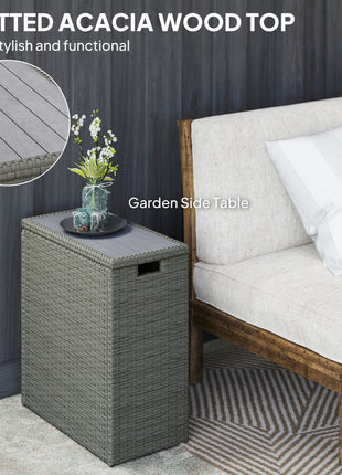 17-Gallon Small Deck Box, Wicker Outdoor Storage Box with Acacia Wood Top for Patio Cushions and Garden Tools, Gray