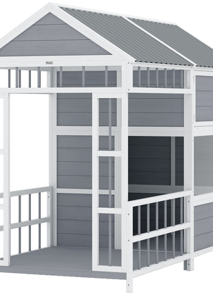79"L Large Dog House Outdoor, Wooden Dog Kennel with Porch, Storage Cabinet,Weatherproof Roof, Windows