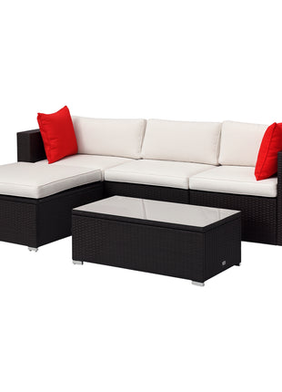 5-Piece Patio Furniture Set with Cushions, Outdoor PE Rattan Wicker Sofa Set, Sectional Furniture with Pillows, Glass Coffee Table for Garden, Backyard, Brown/Cream White