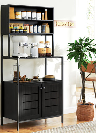 Baker's Rack with Power Outlet and Storage Shelves, Microwave Stand with Louvred Door Cabinets, Black