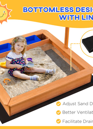 Kids Wooden Sandbox with Adjustable Height Cover and Toy Bin Storage, Children Sand Play Station Outdoor,Bottom Liner, for Backyard, Ages 3-7