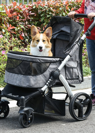 Pet Stroller Foldable Dog Cat Travel Carriage with Adjustable Handlebar PVC Wheel Brake Storage Bag Mesh Window Safety Leash Aluminum Grey