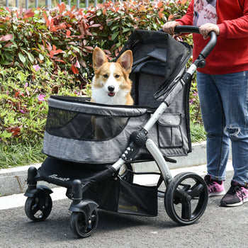 Pet Stroller Foldable Dog Cat Travel Carriage with Adjustable Handlebar PVC Wheel Brake Storage Bag Mesh Window Safety Leash Aluminum Grey