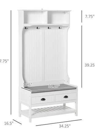 3-in-1 Hall Tree, Entryway Bench with Coat Rack, Mudroom Bench with Shoe Rack, 2 Storage Drawers, 4 Hooks and Padded Seat Cushions for Hallway, White