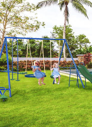 693 lbs Metal Swing Set for Kids, 5 in 1 Outdoor Playset with Heavy Duty A-Frame Stand, 29.5" Saucer Swing, Slide, Blue
