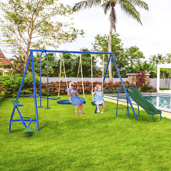 693 lbs Metal Swing Set for Kids, 5 in 1 Outdoor Playset with Heavy Duty A-Frame Stand, 29.5" Saucer Swing, Slide, Blue