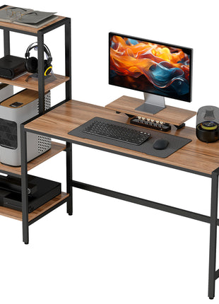 Computer Desk, 67" CPU Desk with Monitor Stand, Reversible 4-Tier Shelf, Industrial Writing Desk for Study Room, Brown