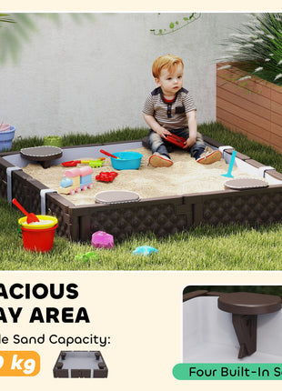 Kids Sandbox with Cover, 4 Corner Seats, Bottom Liner for Backyard, Garden, Outdoor, 47" x 47" x 9", Dark Brown
