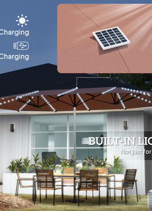 15ft Double-Sided Outdoor Umbrella with Solar Lights, UPF50+ Extra Large Aluminum Patio Umbrella with Crank, Tan