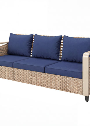 Rattan Wicker Sofa 3-Seater Outdoor Patio Sofa with Cushions for Garden Backyard Porch Dark Blue