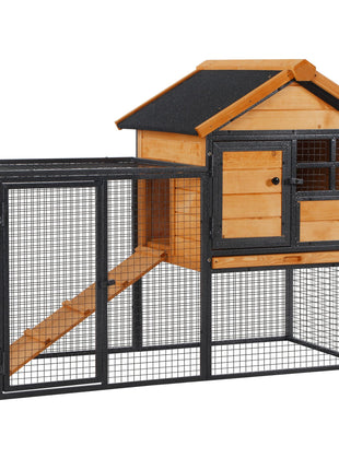 Outdoor Rabbit Cage Elevated Pet House w/ Slide-Out Tray, Natural Wood & Black