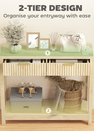 35" Console Table with Storage, Narrow Entryway Table with Fluted Panel Drawers and Shelf for Hallway, Natural