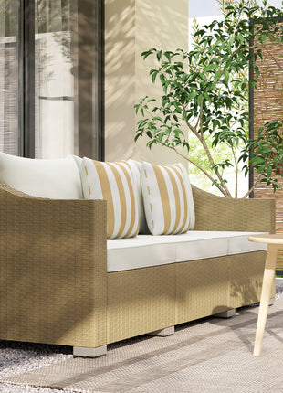 Rattan Wicker 3 Seater Patio Couch with Cushions, 2 Throw Pillows, Outdoor Furniture Rattan Sofa, Cream White