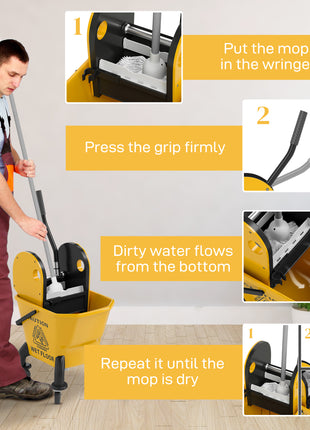Mop Bucket with Wringer on Wheels for Floor Cleaning, 27.5 Quart Down Press Wringer with Handle and Mop, Yellow