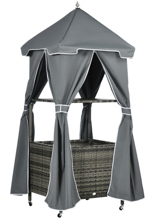 Outdoor Towel Valet Caddy, Covered Poolside Towel Holder Rack, Shelf, Basket, Rolling PE Rattan Wicker Storage on Wheels, Gray
