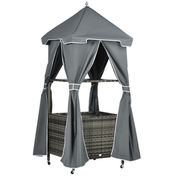 Outdoor Towel Valet Caddy, Covered Poolside Towel Holder Rack, Shelf, Basket, Rolling PE Rattan Wicker Storage on Wheels, Gray