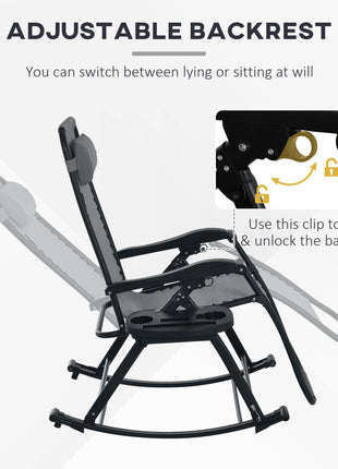 2 Outdoor Rocking Chairs Foldable Reclining Zero Gravity Lounge Rockers w/ Pillow Cup & Phone Holder, Gray