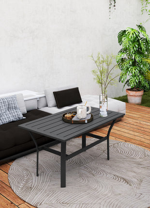 Outdoor Coffee Table with Slatted Tabletop, All-Weather Rectangle Metal Patio Coffee Table for Garden, Black