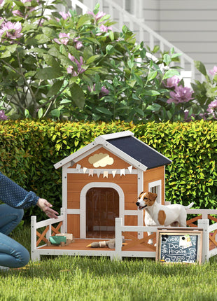 Outdoor Wooden Dog House, Dog Shelter with Large Porch, Weatherproof & Openable Roof, Elevated Base, Removable Floor