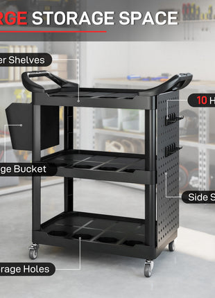 3-Tier Rolling Tool Cart, 200 LBS Capacity Plastic Utility Cart with Side Shelf and Storage Bucket, Black