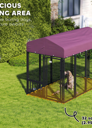 Welded Wire Outdoor Dog Kennel with 360° Rotating & 4 Levels Adjustable Bowls, Waterproof Cover, 7.9' x 4' x 6'