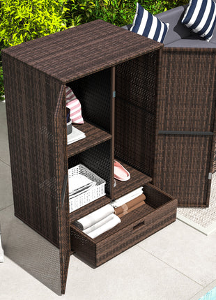 Outdoor Storage Cabinet with Shelves, Rattan Pool Towel Storage Cabinet with Removable Shelf & Drawer, Mixed Brown