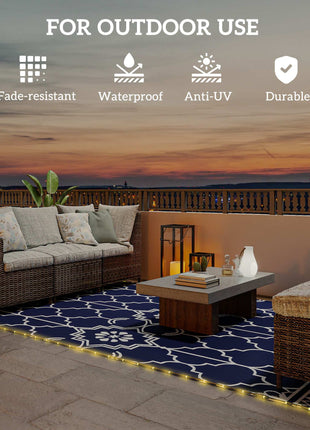 Reversible Outdoor Rug Carpet with LED Lights, 12' x 9' PP Straw Rug with Carry Bag and Ground Stakes