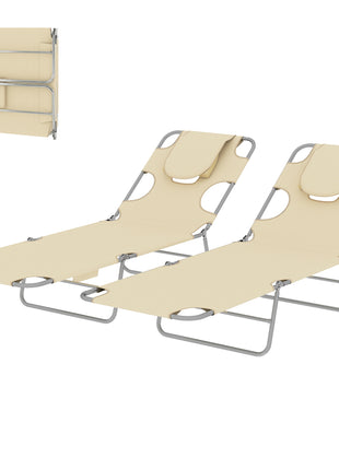 2 Tanning Chairs with Face Hole, 5-Level Adjustable Outdoor Chaise Lounge Chair with Pillow for Beach, Pool, Beige