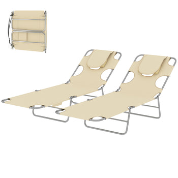 2 Tanning Chairs with Face Hole, 5-Level Adjustable Outdoor Chaise Lounge Chair with Pillow for Beach, Pool, Beige