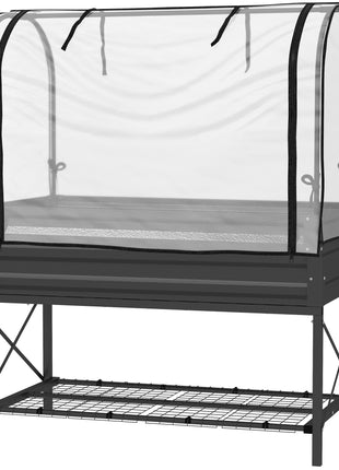 Raised Garden Bed with Legs and Cover, Metal Elevated Planter Box with Bottom Shelf and Liner for Vegetables, Black