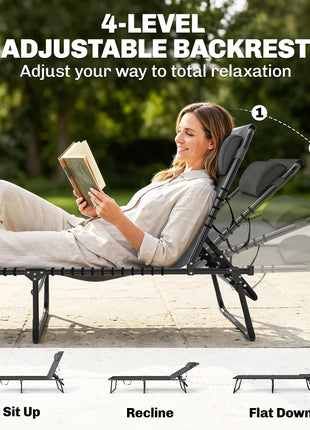 2 Folding Chaise Lounge Pool Chairs with 4-Position Reclining Back, Pillow, Breathable Mesh & Bungee Seat, Gray