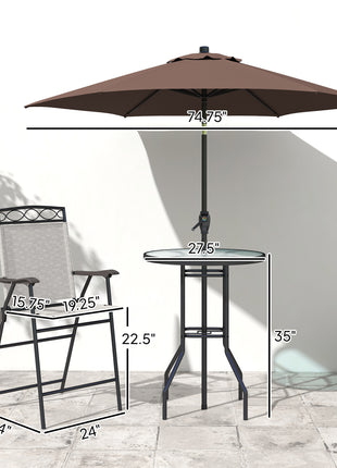 4 Piece Outdoor Bar Set with Umbrella, Patio Dining Set with 2 Folding Chairs, Wave Textured Tempered Glass Table for Backyard, Garden, Deck, Poolside, Beige