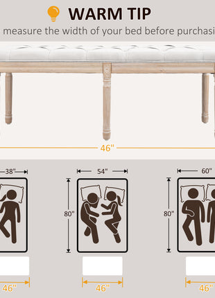 46" Linen Upholstered Bedroom Bench, French End of Bed Bench with Thick Padded Cushion and Wooden Legs, Cream White