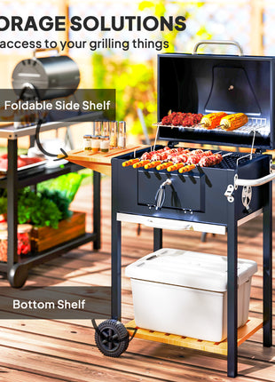 Charcoal BBQ Grill, Outdoor Portable Cooker for Camping or Backyard Picnic, Barbecue Grill with Side Table, Bottom Storage Shelf, Wheels and Handle, Black