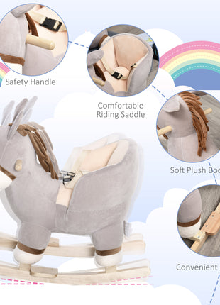 Kids Rocking Chair, Plush Ride On Rocking Horse Donkey with Sound, Wood Base Seat, Safety Belt, Baby Toddler Rocker Toy for 18 - 36 Months, Gray
