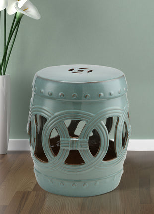 14" x 17" Ceramic Garden Stool with Double-Coin Knotted Ring Design & Strong Glazed Material, Decorative End Table, Home Collection, Antique Blue