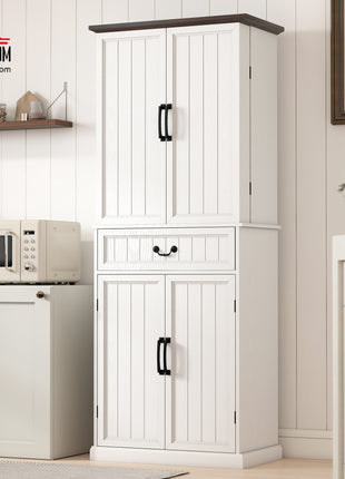 71" LED Kitchen Pantry Cabinet, Farmhouse Storage Cabinet with Door Shelves, Distressed White