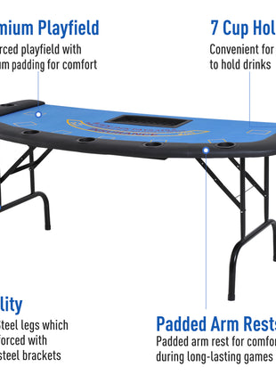 Poker Table Foldable, 72" Blackjack Table for 7 Players with Chip & Cup Holder, Blue Felt