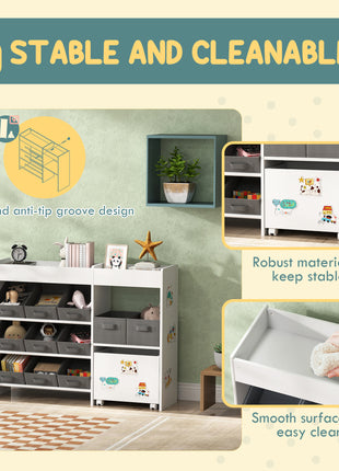 Kids Toy Storage Organizer with 11 Bins, Moveable Cabinet, Top Shelves, 3 Stickers, for Nursery, Playroom, White