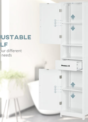 Modern Bathroom Cabinet, Narrow Storage Cabinet with Open Shelf, Drawer, Recessed Doors and Adjustable Shelves, White