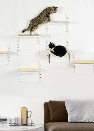 Cat Shelves for Indoor Cats, 6Pc Modern Cat Wall Furniture with Adjustable Height Jumping Platforms & Hammock, Cream White