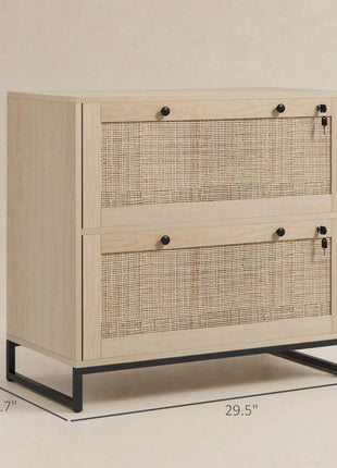 Lockable Filing Cabinet, Boho 2 Drawer File Cabinet with Adjustable Hanging Bar for Letter, A4 and Legal Size, Natural