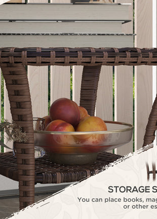 Outdoor Coffee Table with Storage Shelf, Hand-Woven Wicker Side Table with Water-Ripple Glass Top, Mix Brown