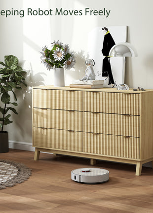 6 Drawer Double Dresser for Bedroom, Fluted Chest of Drawers with Gold Finger Pulls and 5 Wood Legs, Natural Wood