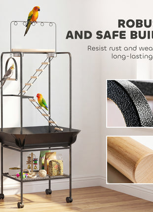 64"H Rolling Bird Playground Parrot Stand with Seed Guard & Wheels, Ladders, Swing, Toy Hook & Bowls